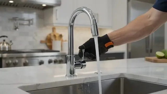 Gloved hand on a tall chrome kitchen faucet with water running into a steel sink