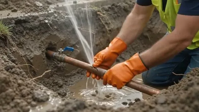 Gloved hands working on a copper water line that is spraying water inside a muddy trench