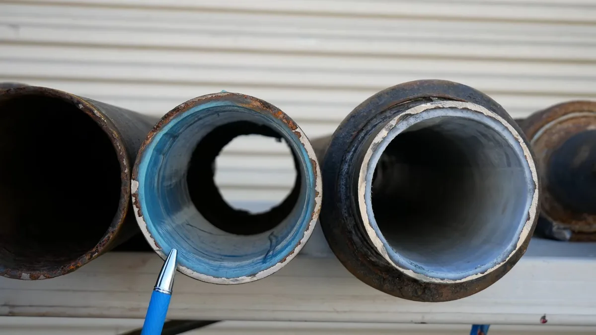 Three pipe sections seen end on, two of them lined with a smooth blue and white liner
