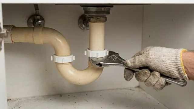 Gloved hand turning a slip nut on a cream-coloured plastic sink trap with an adjustable wrench