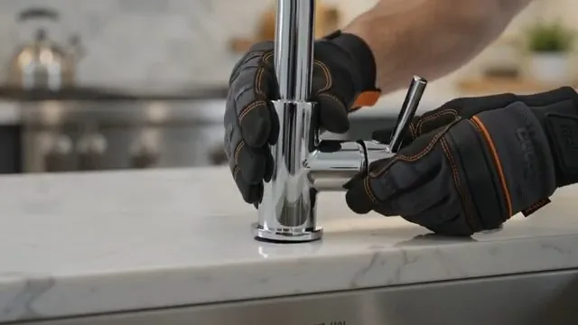 Gloved hands tightening a chrome faucet supply fitting at a sink counter