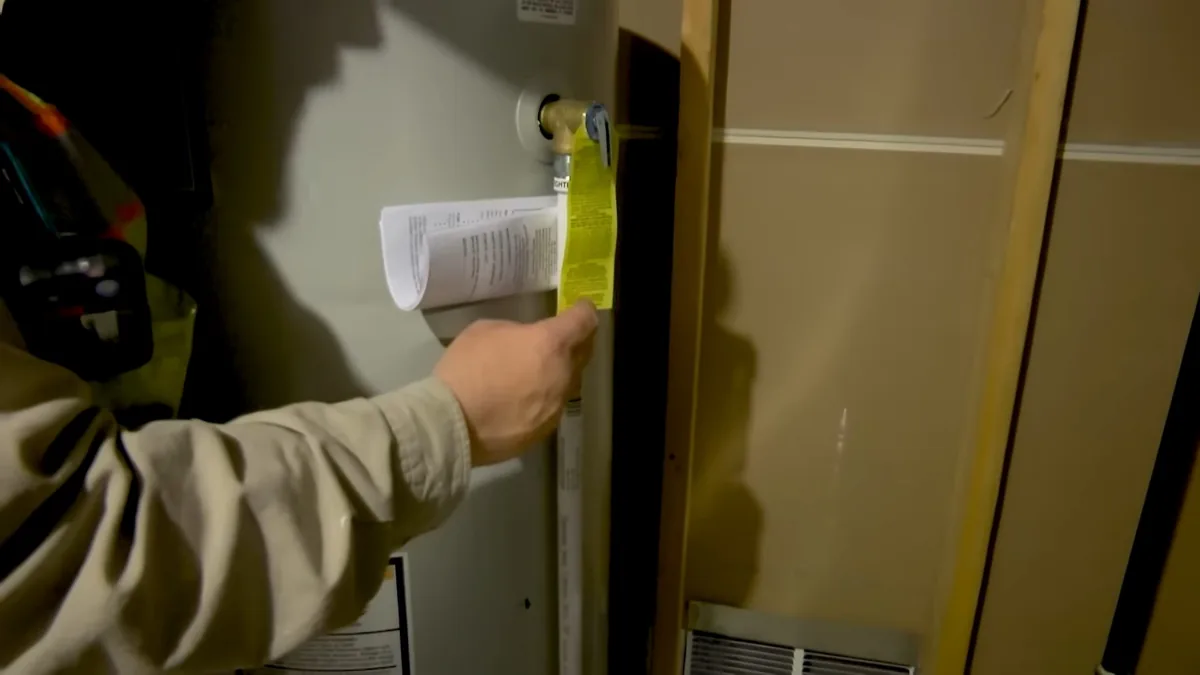 Hand holding a yellow tag and papers beside a gas water heater in a narrow closet