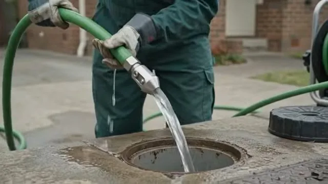 Worker in green coveralls feeding a hose into a round ground cleanout with water running off the nozzle