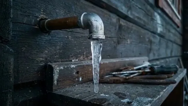 Brass outdoor faucet on a dark wood wall with a long icicle hanging from its spout