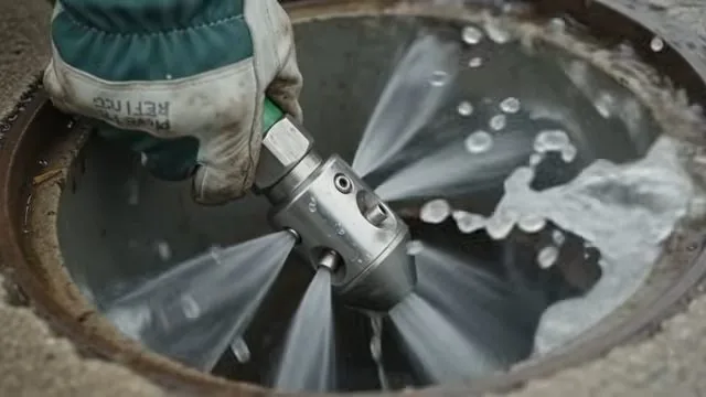 Jetting nozzle throwing water in several directions inside a round drain chamber