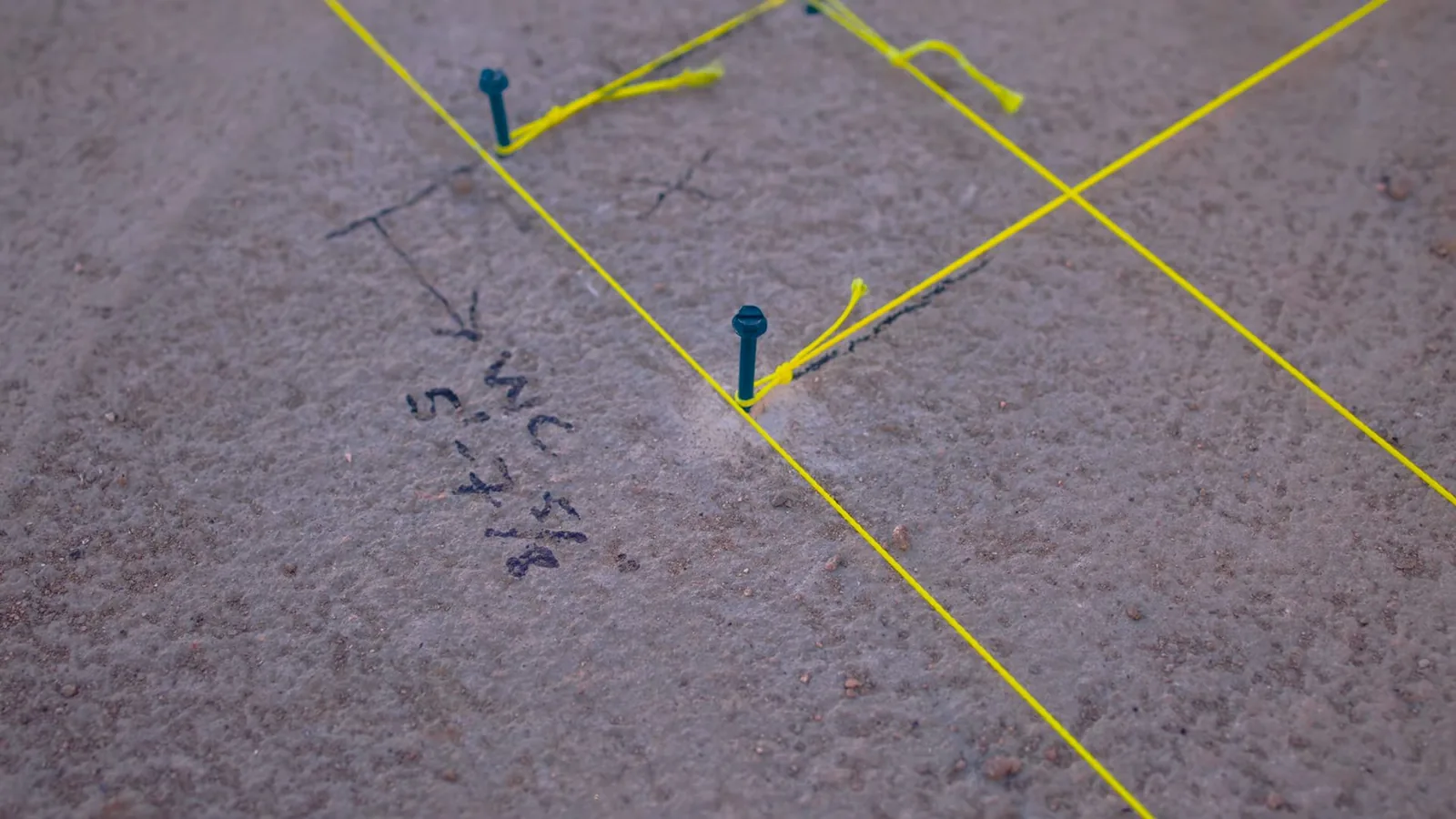 Concrete floor marked with pins, yellow lines and a handwritten label tracing a pipe route