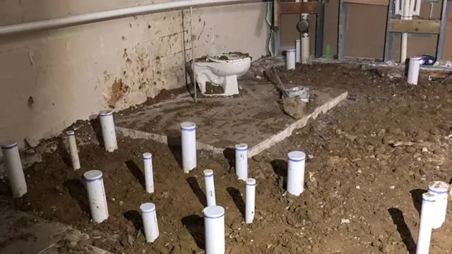 White PVC drain risers standing in rows in dug-out ground beside a concrete block wall, with a toilet set on a pad behind them