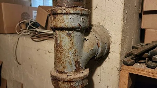 Heavily rusted grey cast iron drain tee and collar against a basement wall, with wrenches on a shelf beside it