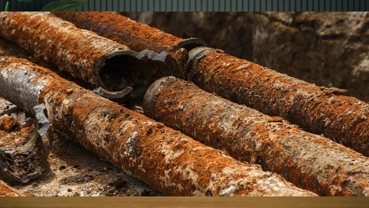 Rusted iron pipe lengths with flaked orange surfaces laid side by side on dirt, one with a broken socket
