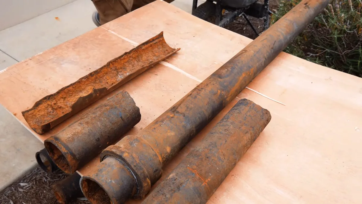 Several rusted iron pipe sections, one split lengthwise, laid on a wood table outdoors