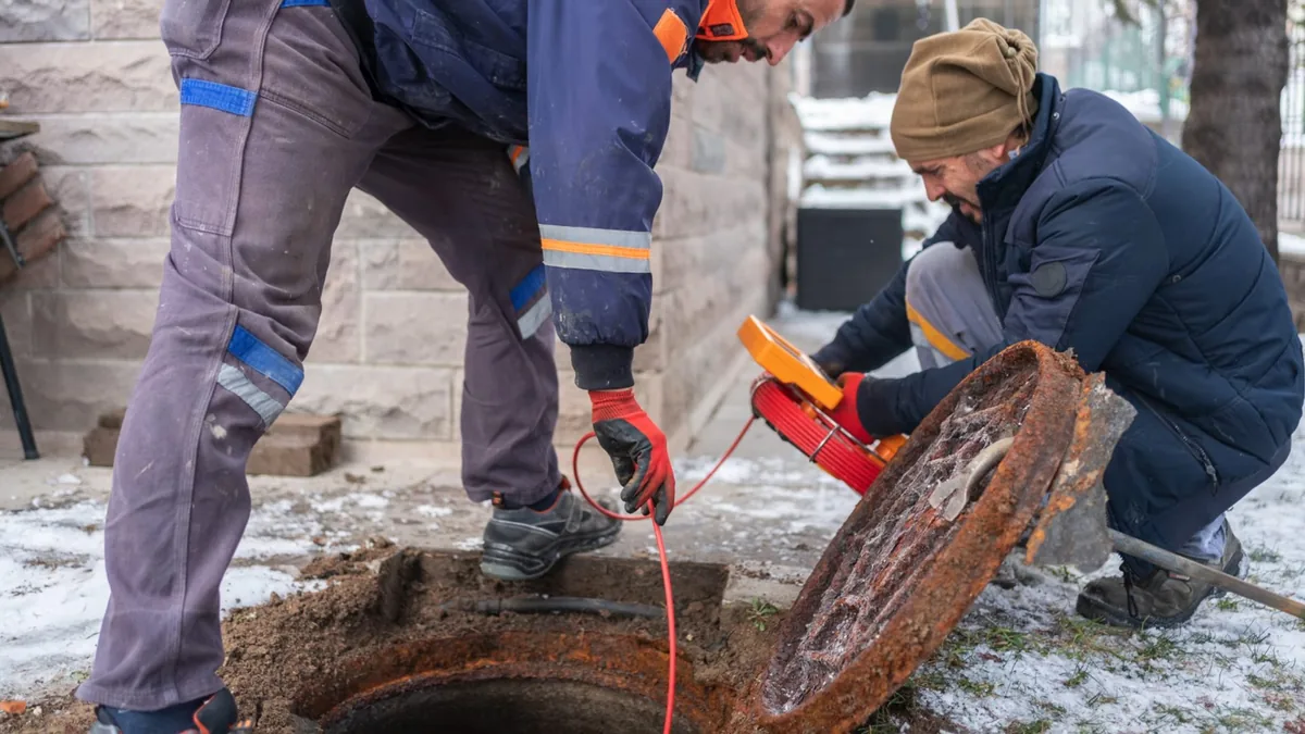 Two workers in winter clothing lifting a rusted manhole cover in a snowy yard, with an orange camera reel beside them