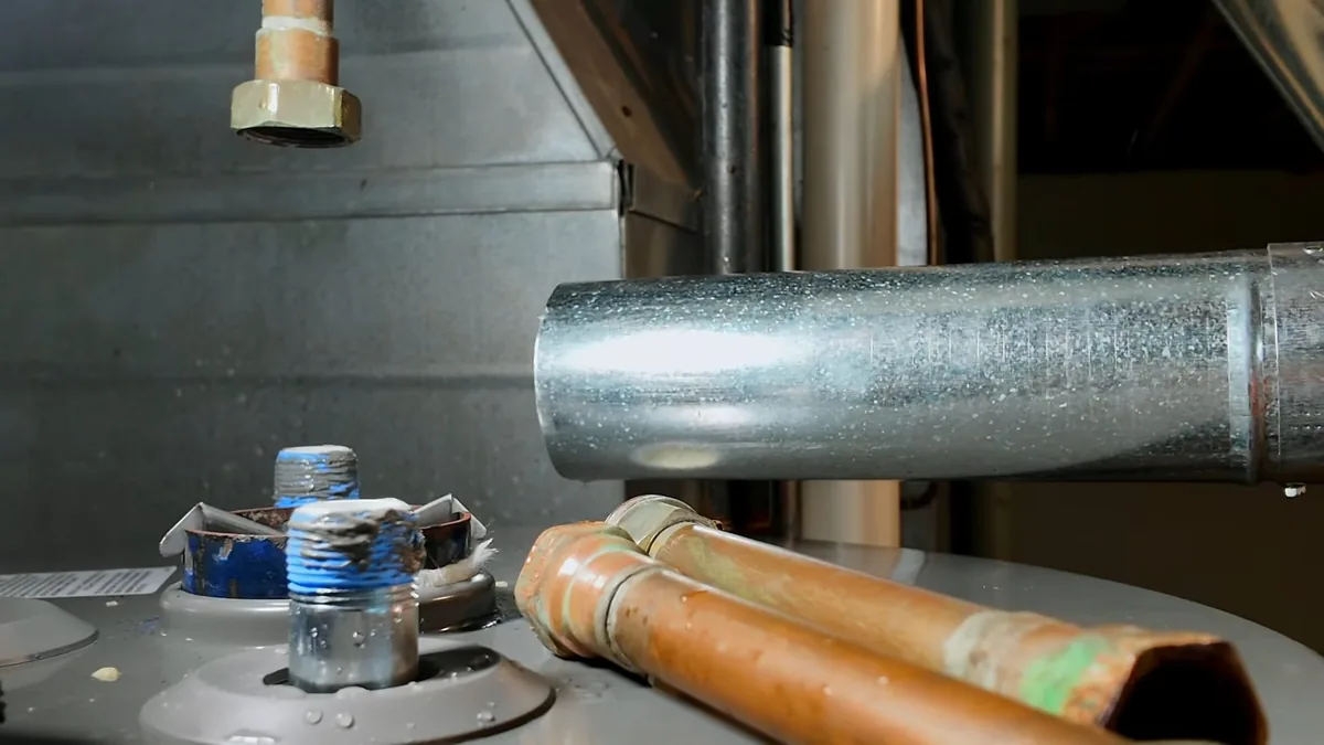 Top of a grey water heater with capped threaded fittings, a copper pipe and a metal flue pipe